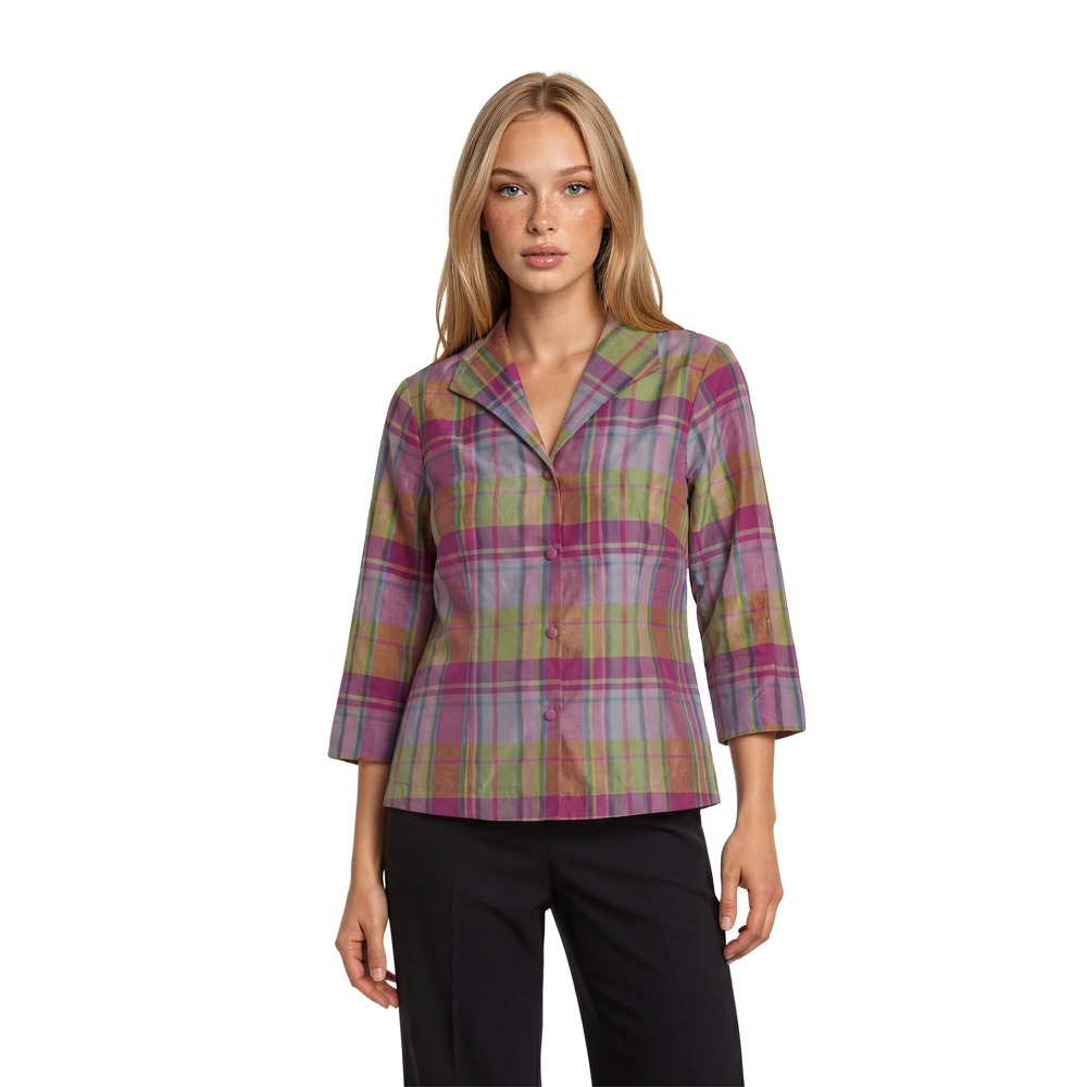 Connie Roberson Plaid 100% Silk Blouse Blazer Womens Size Small Pink USA Vintage